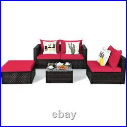 5PCS Patio Rattan Furniture Set Sectional Conversation Sofa with Coffee Table Red