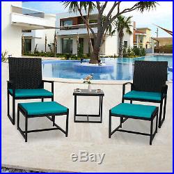 5PCS Patio Wicker Furniture Set Bistro Chair With Table Cushioned Ottoman Outdoor