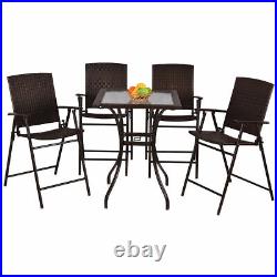 5PC Rattan Patio Furniture Set 4 Bar Stool Folding Chair + Bar Table WithGlass Top
