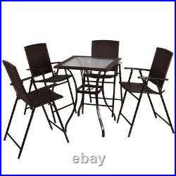 5PC Rattan Patio Furniture Set 4 Bar Stool Folding Chair + Bar Table WithGlass Top