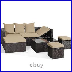 5Pcs Rattan Patio Conversation Furniture Set Adjustable Sofa Cushioned Ottoman