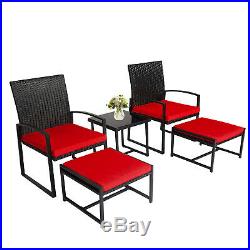 5 PCS Patio Wicker Chair Set With Table Red Cushion Ottoman Outdoor Furniture Yard