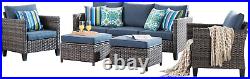 5 Piece Denim Blue Weather Wicker Sofa Sectional Patio with Ottomans +2 Pillows