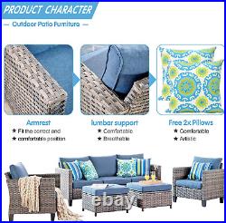 5 Piece Denim Blue Weather Wicker Sofa Sectional Patio with Ottomans +2 Pillows