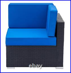 5 Piece Outdoor Sectional PE Rattan Patio Furniture Set With Blue Cushions