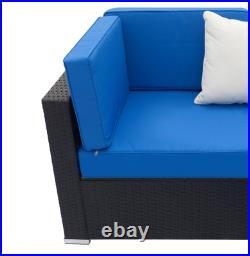 5 Piece Outdoor Sectional PE Rattan Patio Furniture Set With Blue Cushions