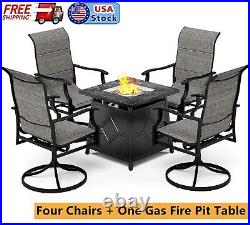 5 Piece Patio Dining Set Swivel Chairs with Propane Gas Fire Pit Table 40000BTU