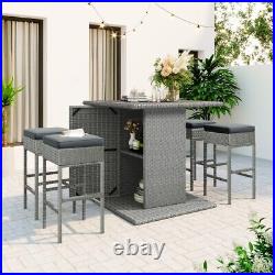 5-Piece Patio Rattan Dining Table Set PE Wicker Square Table with 4 Padded Stools