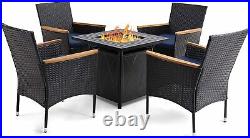 5 Piece Patio Table Chairs with Gas Fire Pit Table Rattan Chairs Wicker Armchair