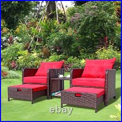 5 Piece Wine Red Cushions Patio Conversation Set PE Wicker Rattan Outdoor Chairs