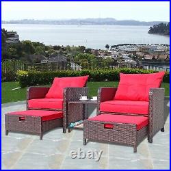 5 Piece Wine Red Cushions Patio Conversation Set PE Wicker Rattan Outdoor Chairs
