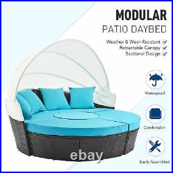 5pc Patio Furniture Set Wicker Daybed 4 Chairs Round Table Pillows & Cover