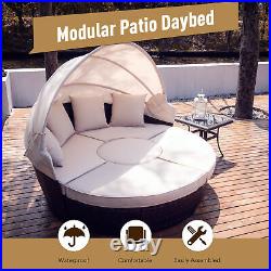 5pc Rattan Patio Furniture Set Daybed Round Table 4 Chairs Pillows & Cover Beige