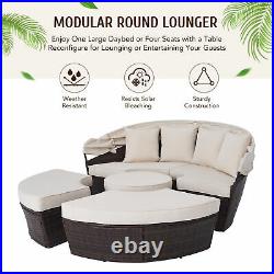 5pc Rattan Patio Furniture Set Daybed Round Table 4 Chairs Pillows & Cover Beige