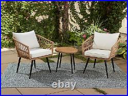 65-YZ03HM Hermosa 3 Piece Chat Set, Aluminum Frame + Tan Wicker + Linen Cushions