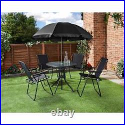 6PC Garden Patio Furniture Set Outdoor Black 4 Seat Round Table Chairs & Parasol