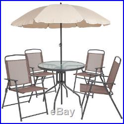 6 Pcs Patio Garden Outdoor Table, Umbrella & 4 Chairs Set in Brown Color