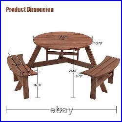 6-Person Outdoor Circular Wooden Picnic Table with 3 Built-in Benches Brown