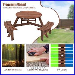 6-Person Outdoor Circular Wooden Picnic Table with 3 Built-in Benches Brown