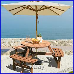 6-Person Outdoor Wooden Round Picnic Table Garden with Built-in Umbrella Hole
