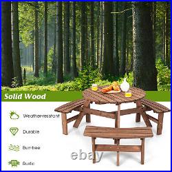 6-Person Outdoor Wooden Round Picnic Table Garden with Built-in Umbrella Hole