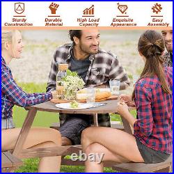 6-Person Wooden Picnic Table Round Outdoor Table with Umbrella Hole & Benches
