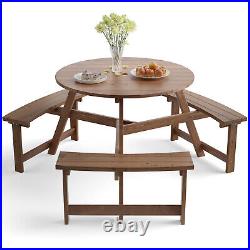 6-Person Wooden Picnic Table Round Outdoor Table with Umbrella Hole & Benches