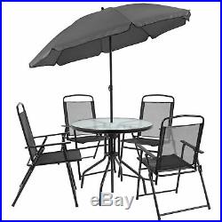 6 Piece Black Patio Set with Table, Umbrella and 4 Folding Chairs
