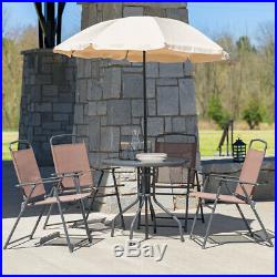 6 Piece Brown Patio Garden Set with Table, Tan Umbrella and 4 Folding Chairs