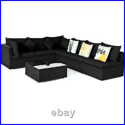7PCS Patio Rattan Sofa Set Sectional Conversation Furniture Set Garden Black
