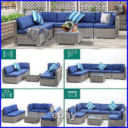 7PCS Patio Wicker Rattan Sofa Conversation Set Outdoor Garden Rattan Sofa Blue