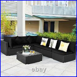 7PCS Rattan Patio Conversation Set Sectional Furniture Set with Black Cushion
