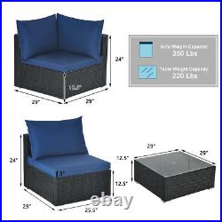 7PCS Rattan Patio Conversation Set Sectional Furniture Set with Navy Cushion