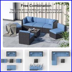 7PCS Rattan Patio Furniture Set PE Wicker Outdoor Sectional Sofa withCushions Blue