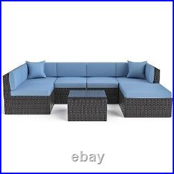 7PCS Rattan Patio Furniture Set PE Wicker Outdoor Sectional Sofa withCushions Blue