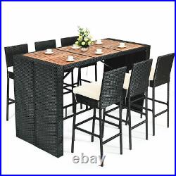 7PCS Rattan Wicker Bar Set Patio Dining Furniture with Wood Table Top 6 Stools