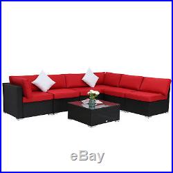 7PC Outdoor Patio Furniture Rattan Wicker Sectional Sofa Set, with Red Cushions
