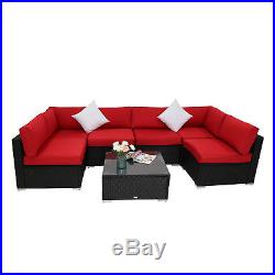 7PC Outdoor Patio Furniture Rattan Wicker Sectional Sofa Set, with Red Cushions