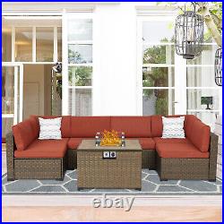 7PC Outdoor Patio Rattan Sofa Set Cushioned Wicker Section Couch Fire Pit Table