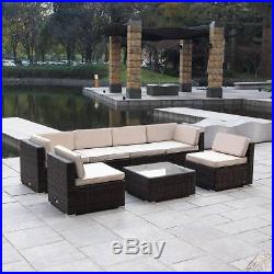 7PC Outdoor Wicker Rattan Sectional Patio Furniture Sofa Set Brown with Cushion