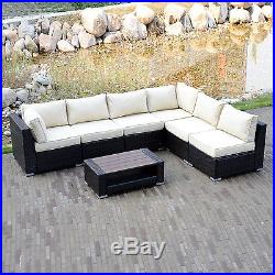 7Pcs Outdoor Patio Rattan & PE Wicker Sectional Furniture Sofa Set Couch Brown