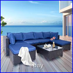 7Pcs Sectional Patio Furniture Set Wicker PE Rattan Sofa PE Chair WithTable Blue