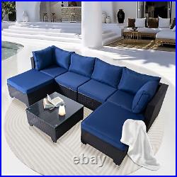 7Pcs Sectional Patio Furniture Set Wicker PE Rattan Sofa PE Chair WithTable Blue