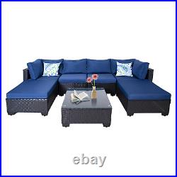 7Pcs Sectional Patio Furniture Set Wicker PE Rattan Sofa PE Chair WithTable Blue