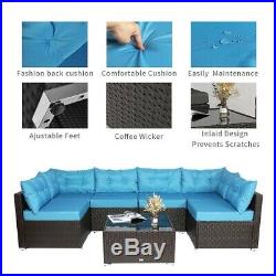 7 PCS Outdoor Patio Garden Furniture Sectional Sofa Set Rattan with Table Blue