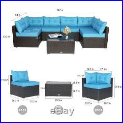 7 PCS Outdoor Patio Garden Furniture Sectional Sofa Set Rattan with Table Blue