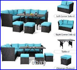 7 PCS Outdoor Patio Wicker Rattan Furniture Set Sectional Sofa WithDinning Table