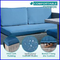 7 PCS Outdoor Rattan Furniture Set Garden Wicker Sectional Sofa WithBlue Cushion