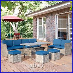 7 PCS Outdoor Rattan Furniture Set Garden Wicker Sectional Sofa WithBlue Cushion