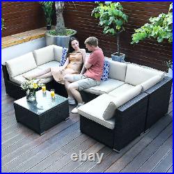 7 PCS Outdoor Rattan Furniture Set Garden Wicker Sectional Sofa WithWhite Cushion